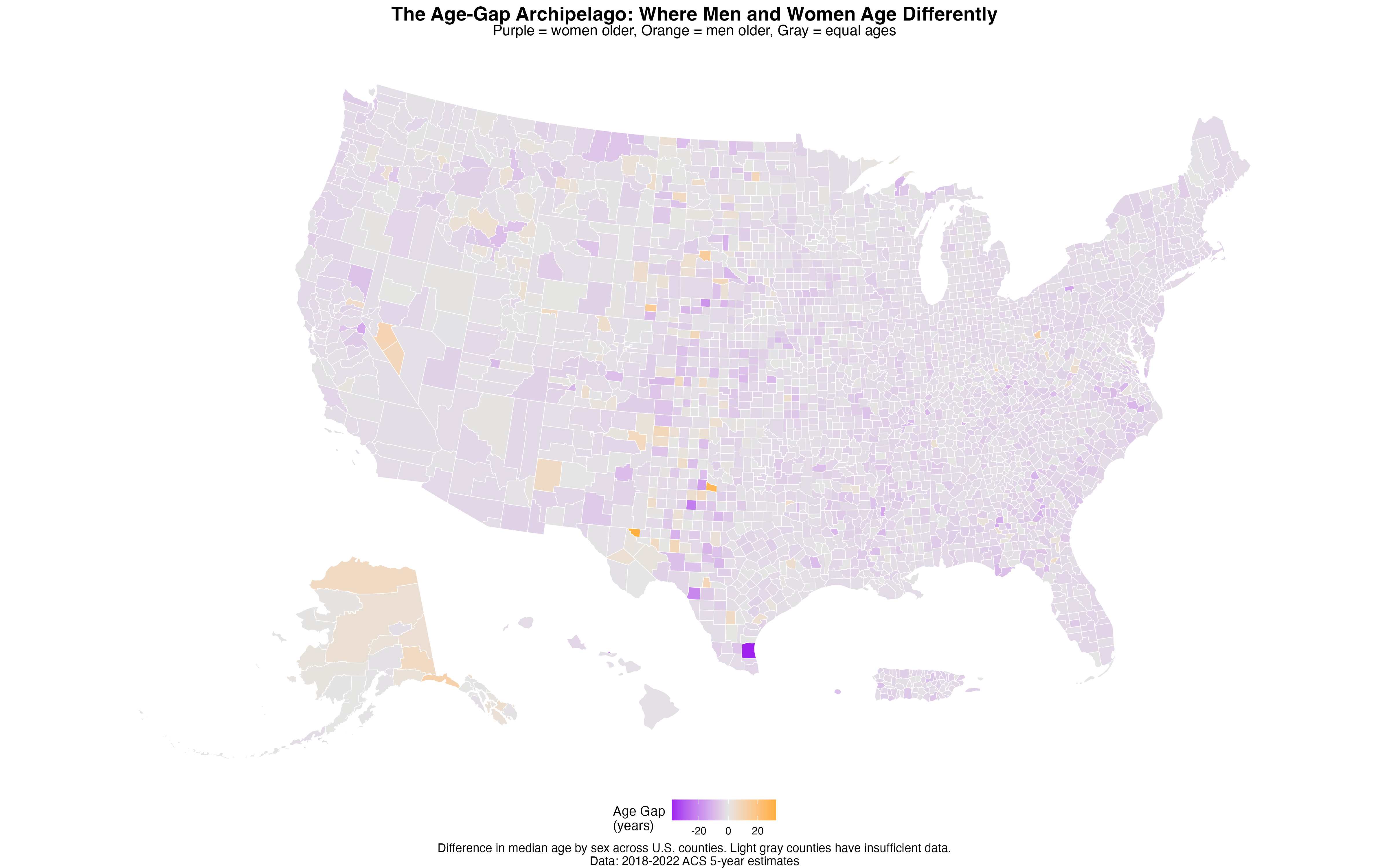 Age gaps show clear geographic clustering across the United States