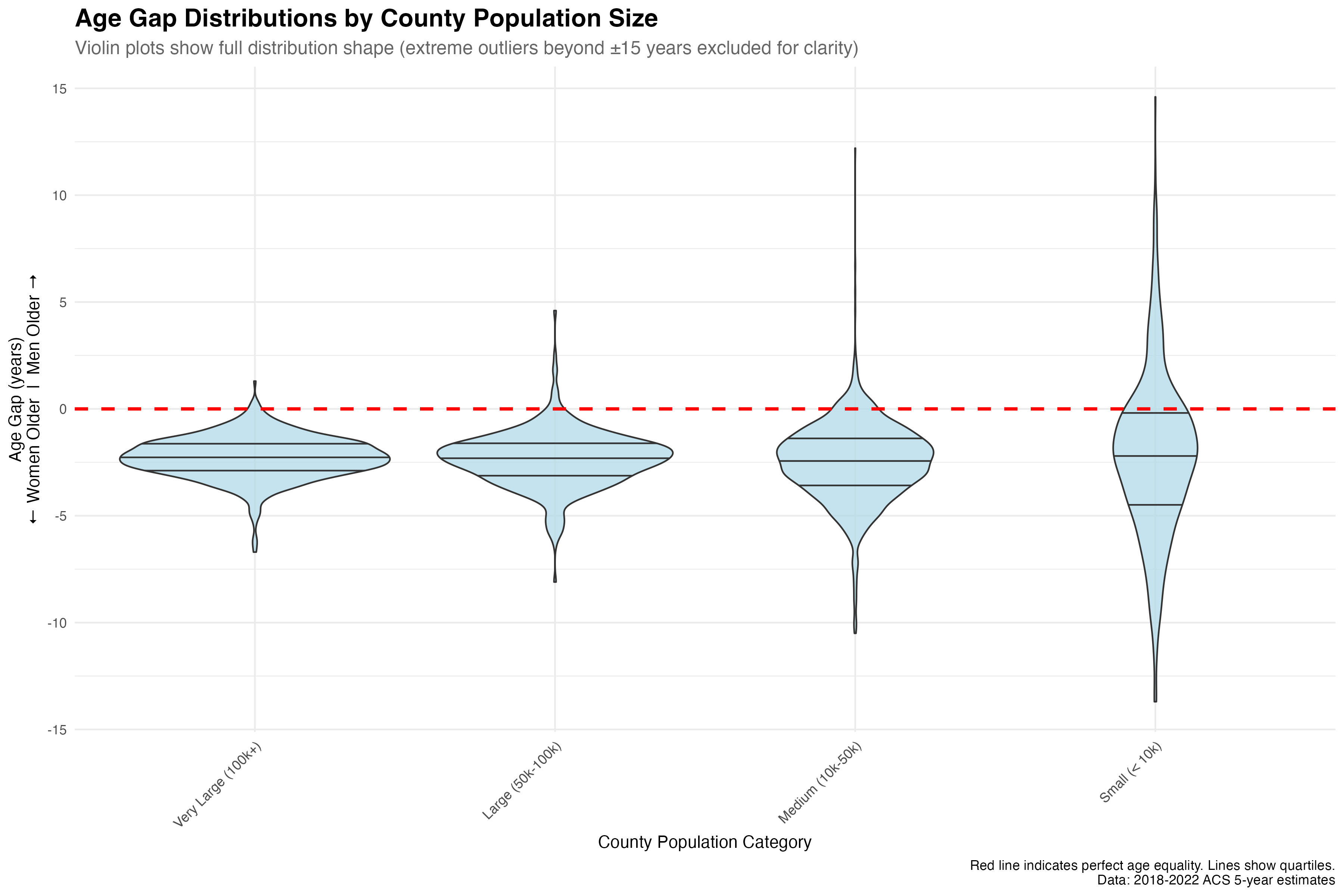 Distribution shapes reveal population size effects on age gap patterns