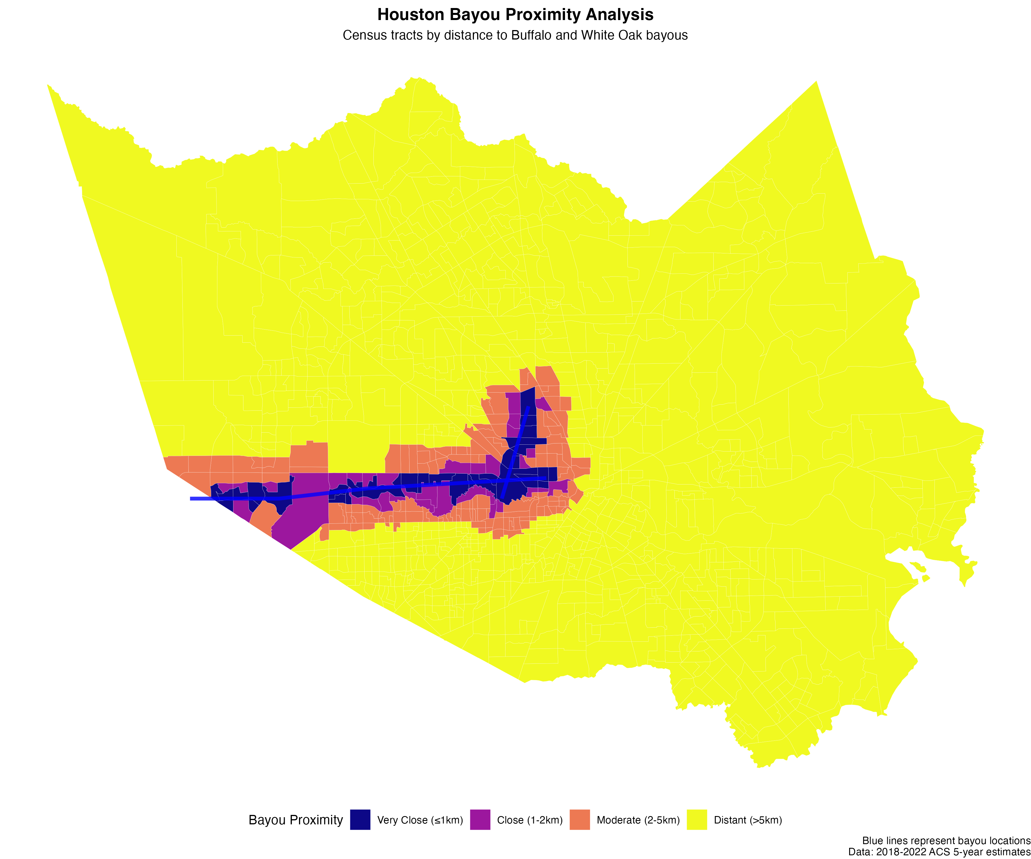 Houston bayou proximity map shows clear geographic zones defined by distance to Buffalo and White Oak bayous
