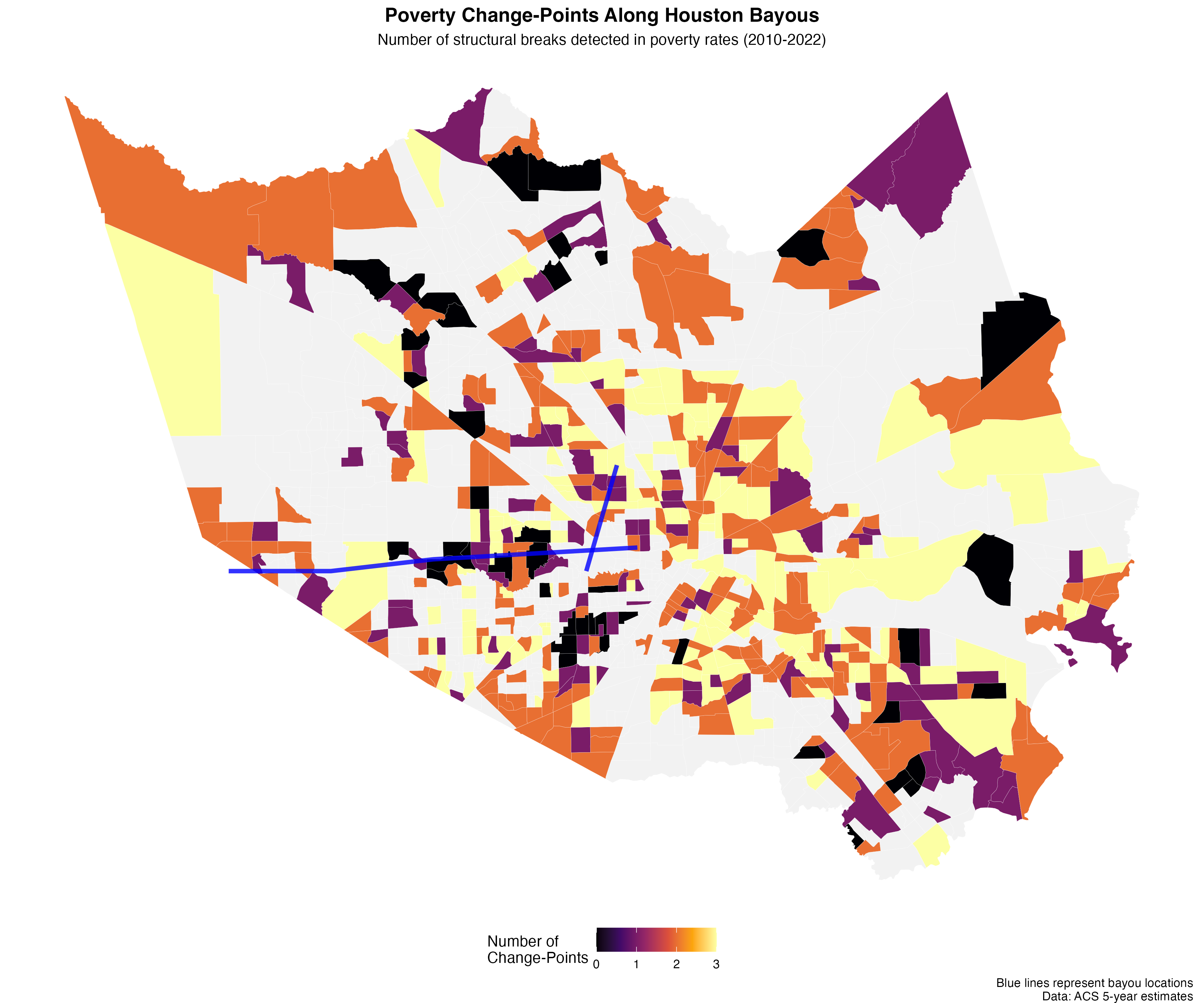 Spatial distribution of change-points shows concentration of structural breaks in areas 2-5km from bayous