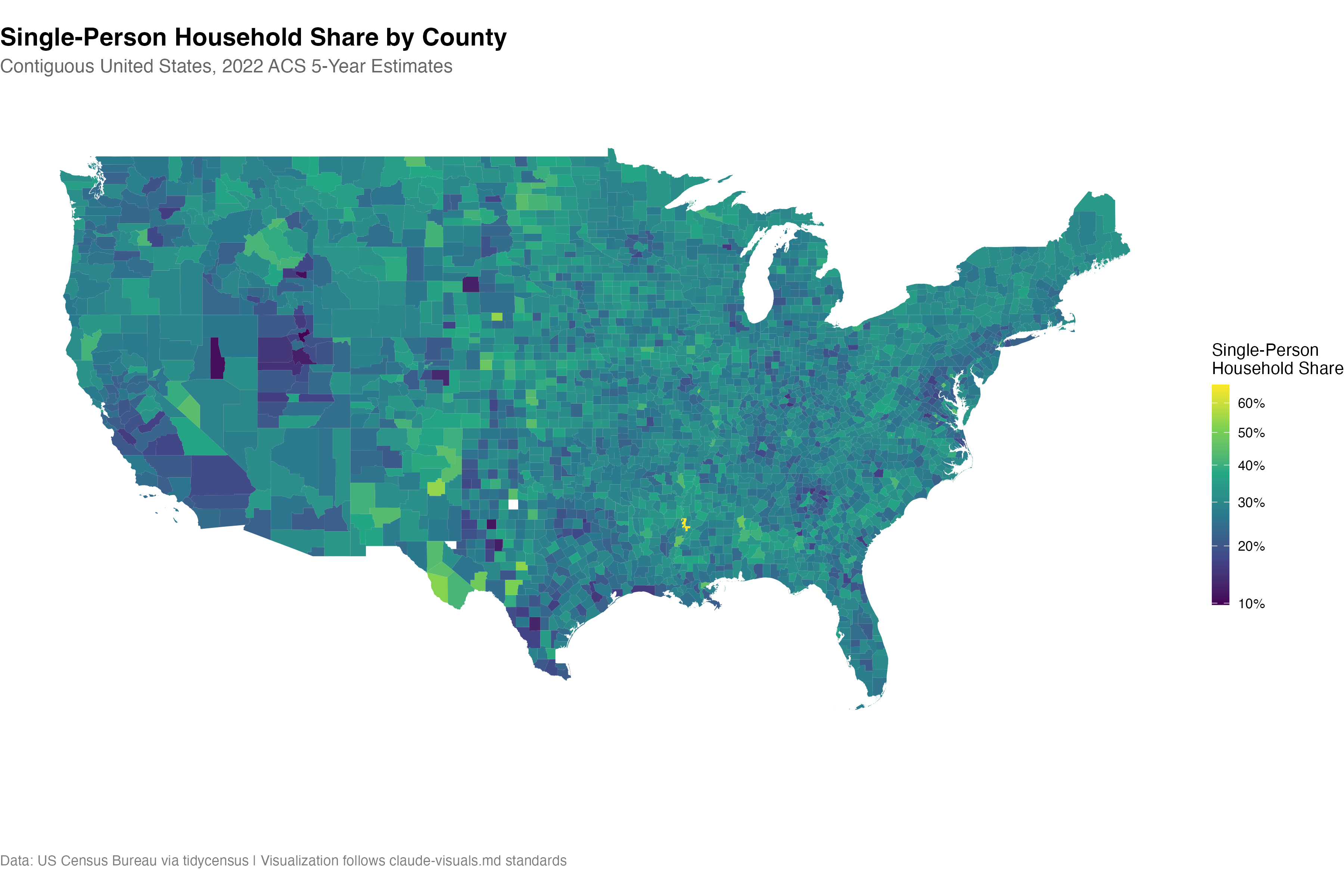 Geographic distribution of single-person household shares across the study region reveals clear spatial clustering that supports the latitude-loneliness hypothesis once proper controls are applied.