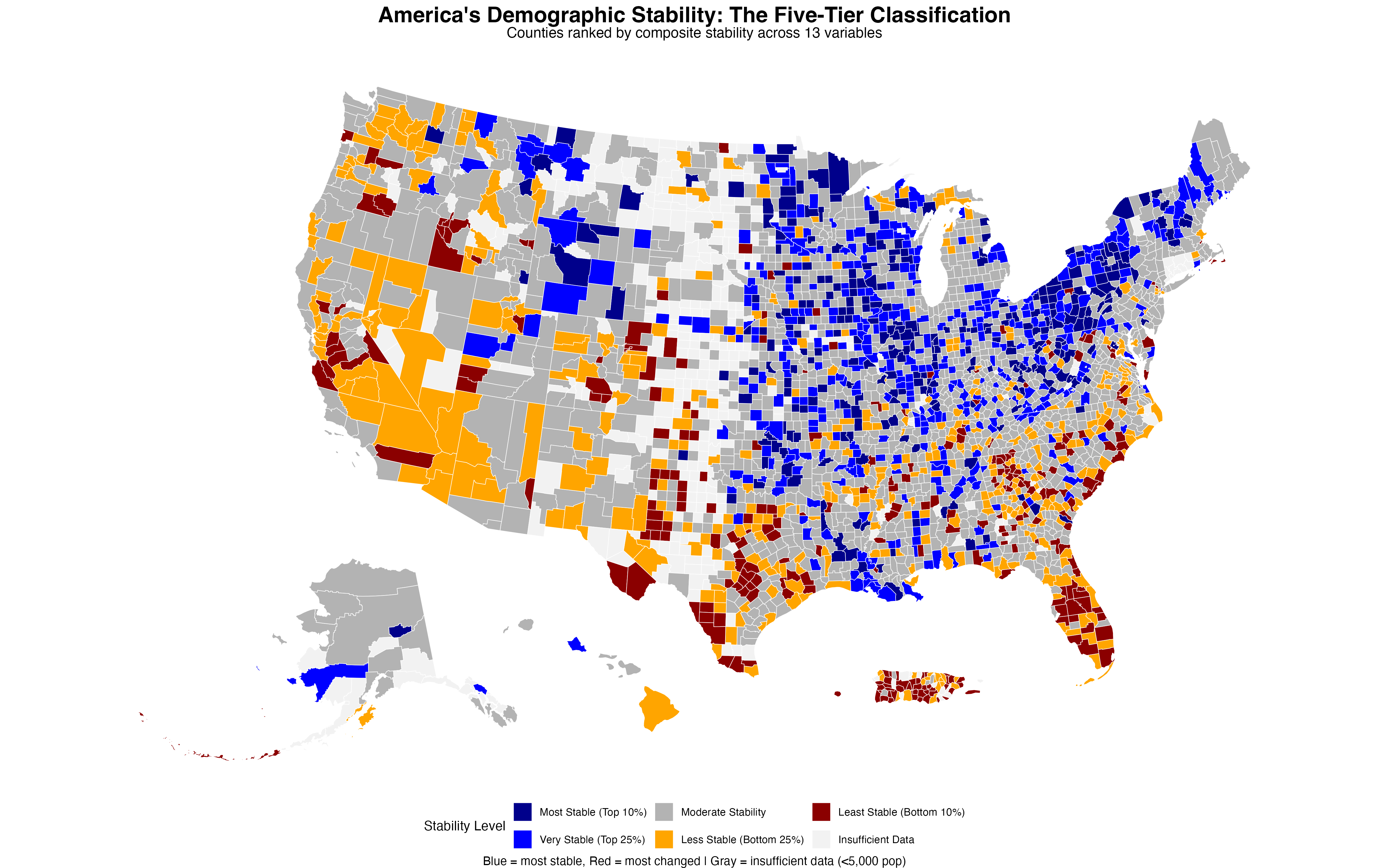 Five-tier classification reveals clear regional clustering of stability patterns