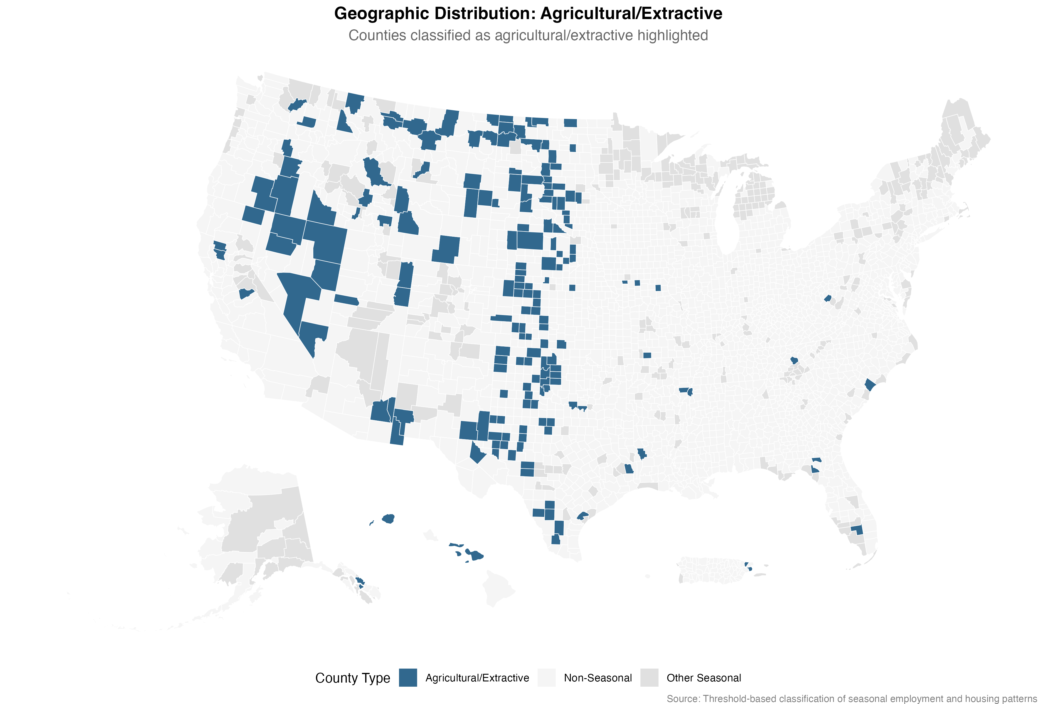 Agricultural/Extractive Counties dominate the Great Plains and Western farming regions