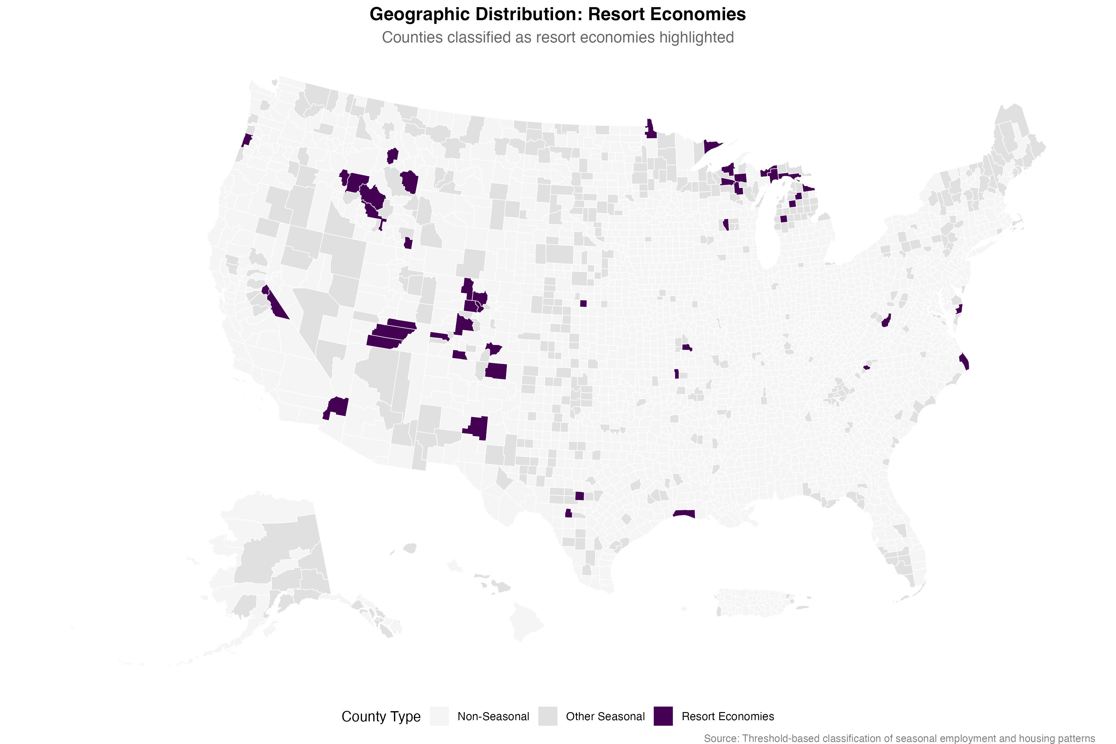 Resort Economies concentrate in mountain recreation corridors and coastal areas