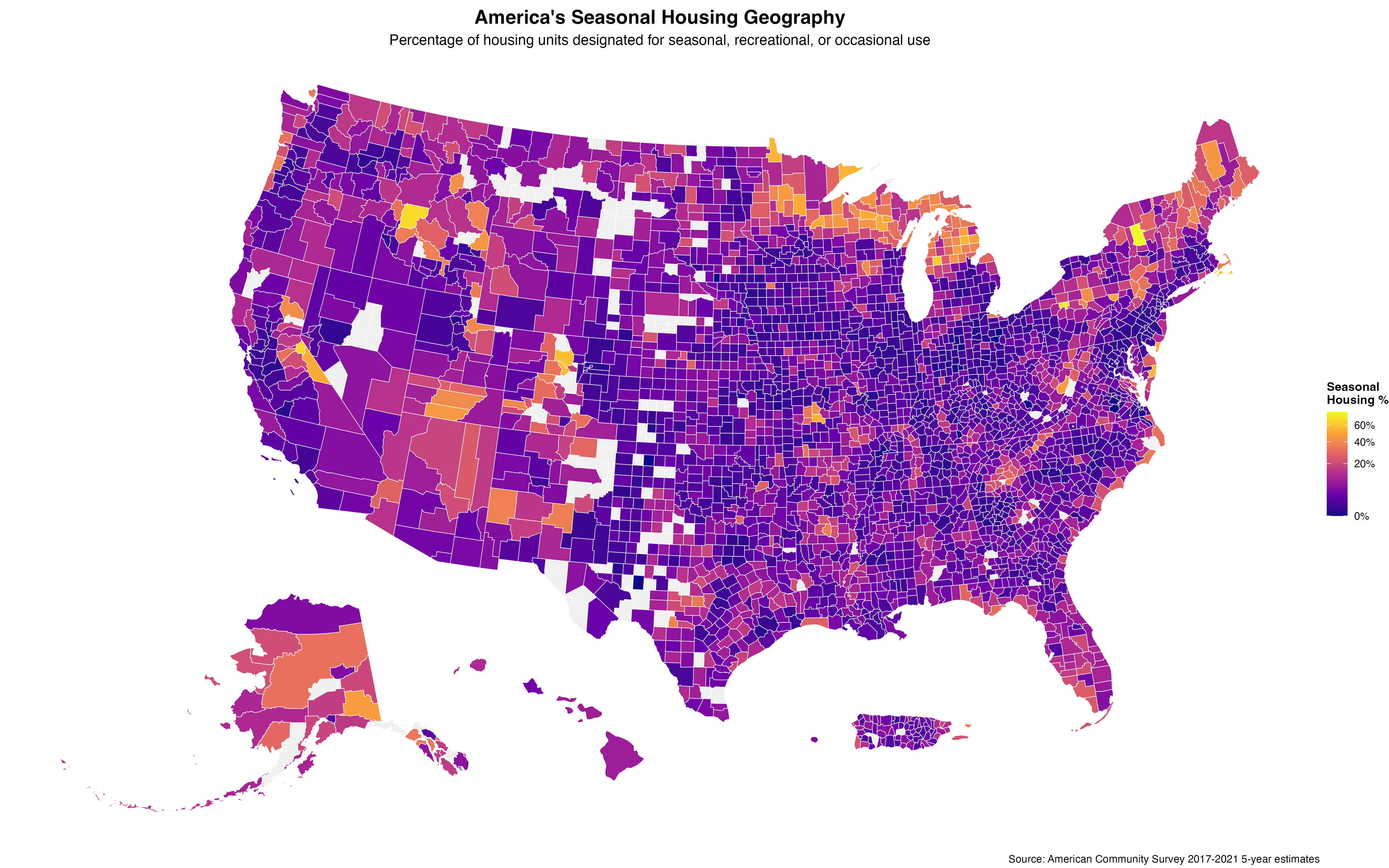 Seasonal housing concentrations reveal America's vacation geography, from Adirondack camps to Rocky Mountain ski lodges to Great Lakes summer cottages