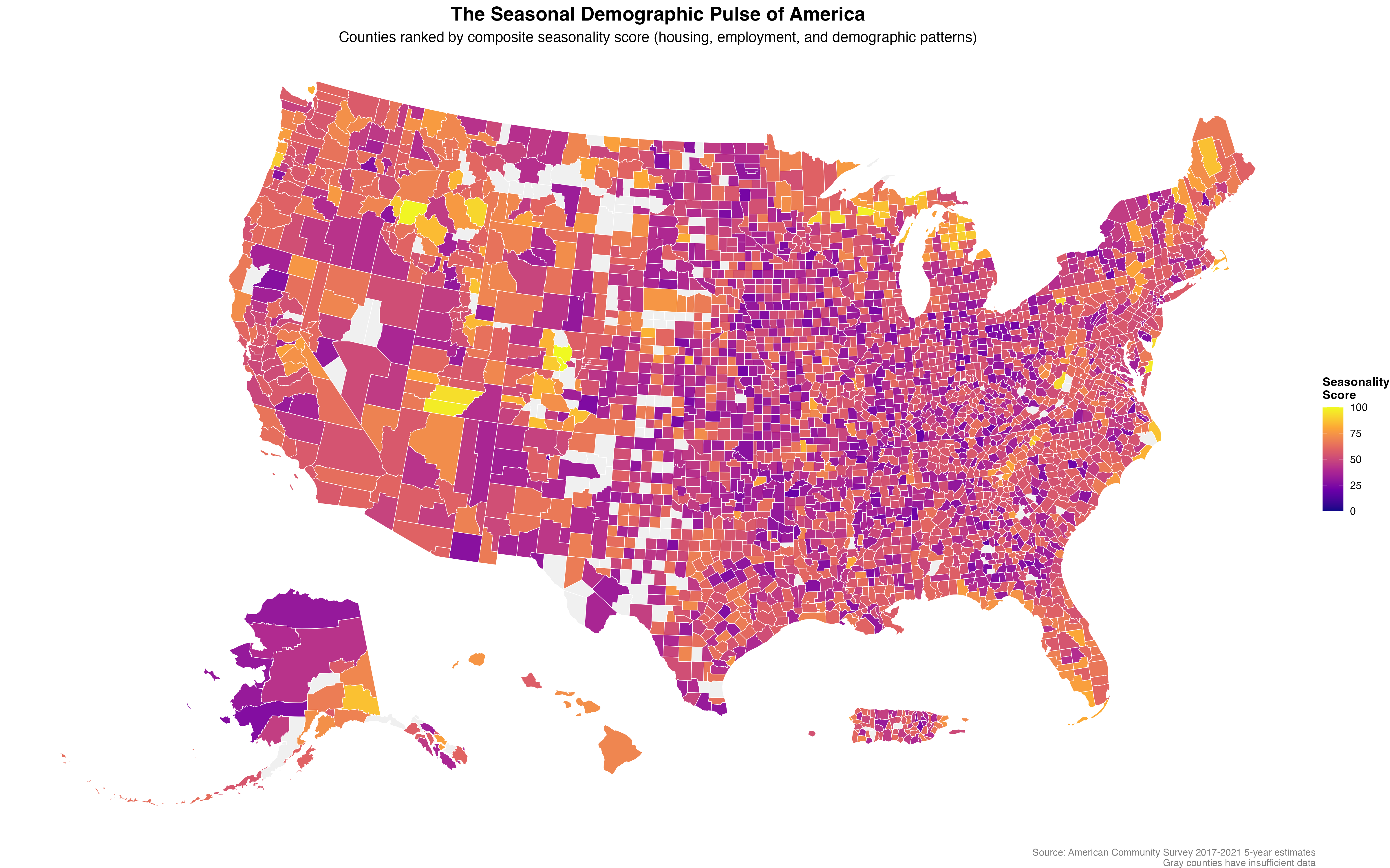 The seasonal pulse of America reveals dramatic regional patterns, with mountain resort counties, lakefront communities, and agricultural regions showing the strongest demographic seasonality