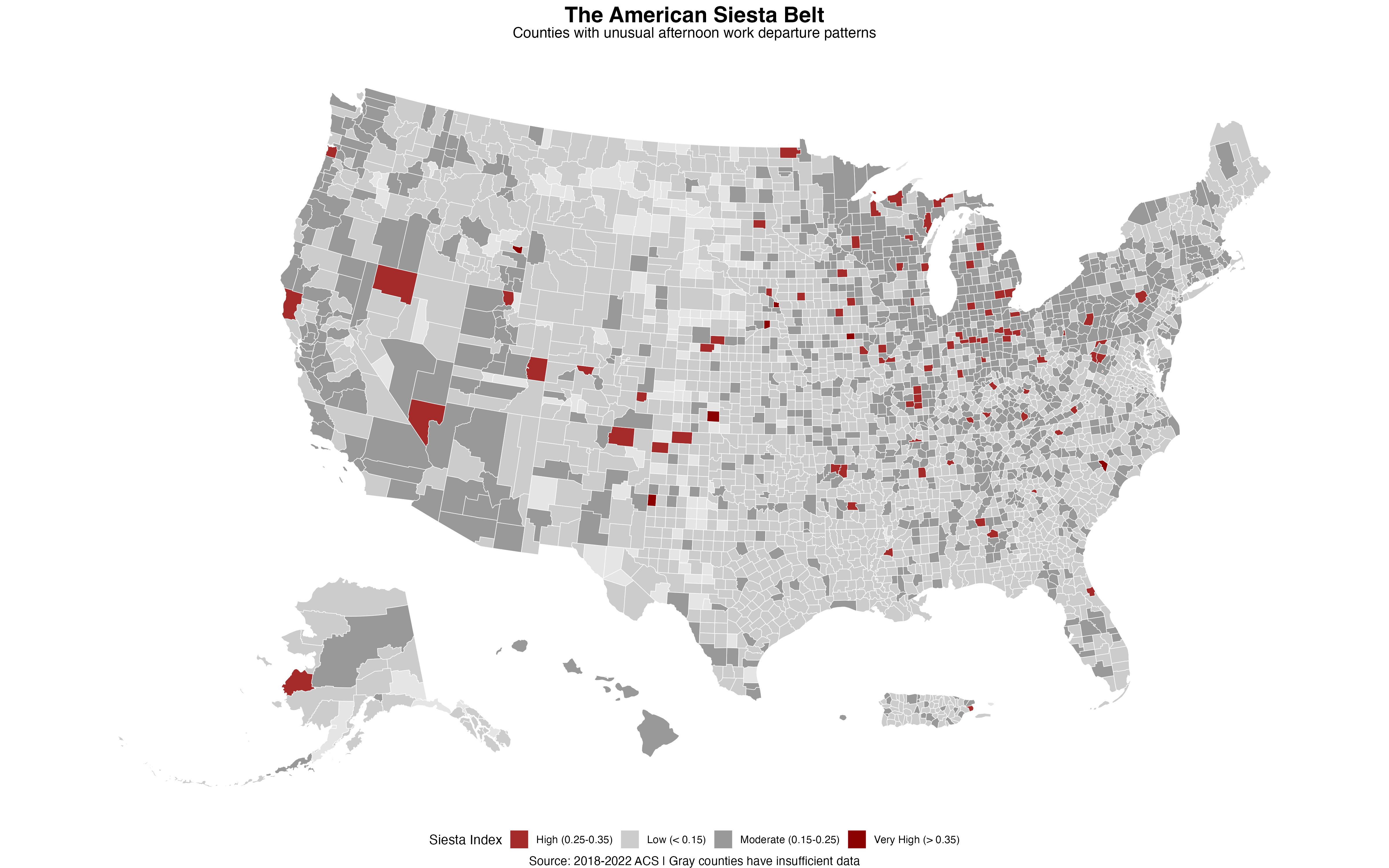 The American Siesta Belt: counties with highest afternoon work departure rates