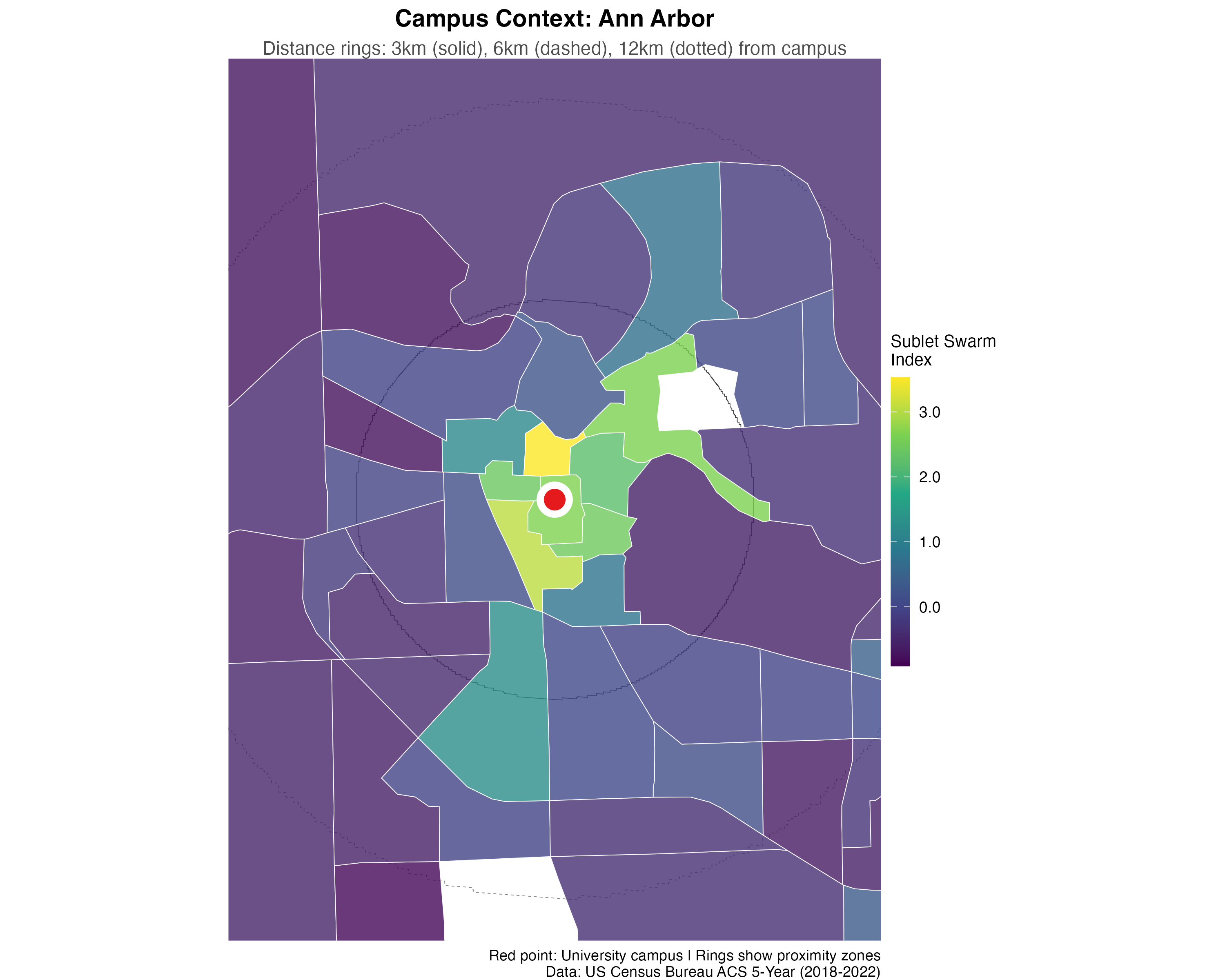 Campus context maps show the geographic scale of university influence on local housing markets