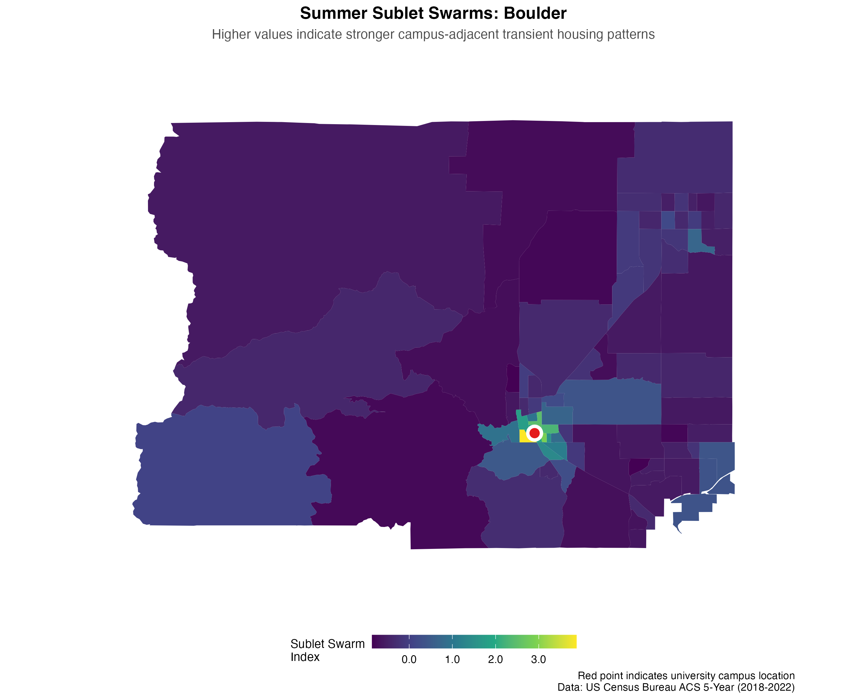 Boulder's sublet swarms follow linear corridors between campus and geographic constraints