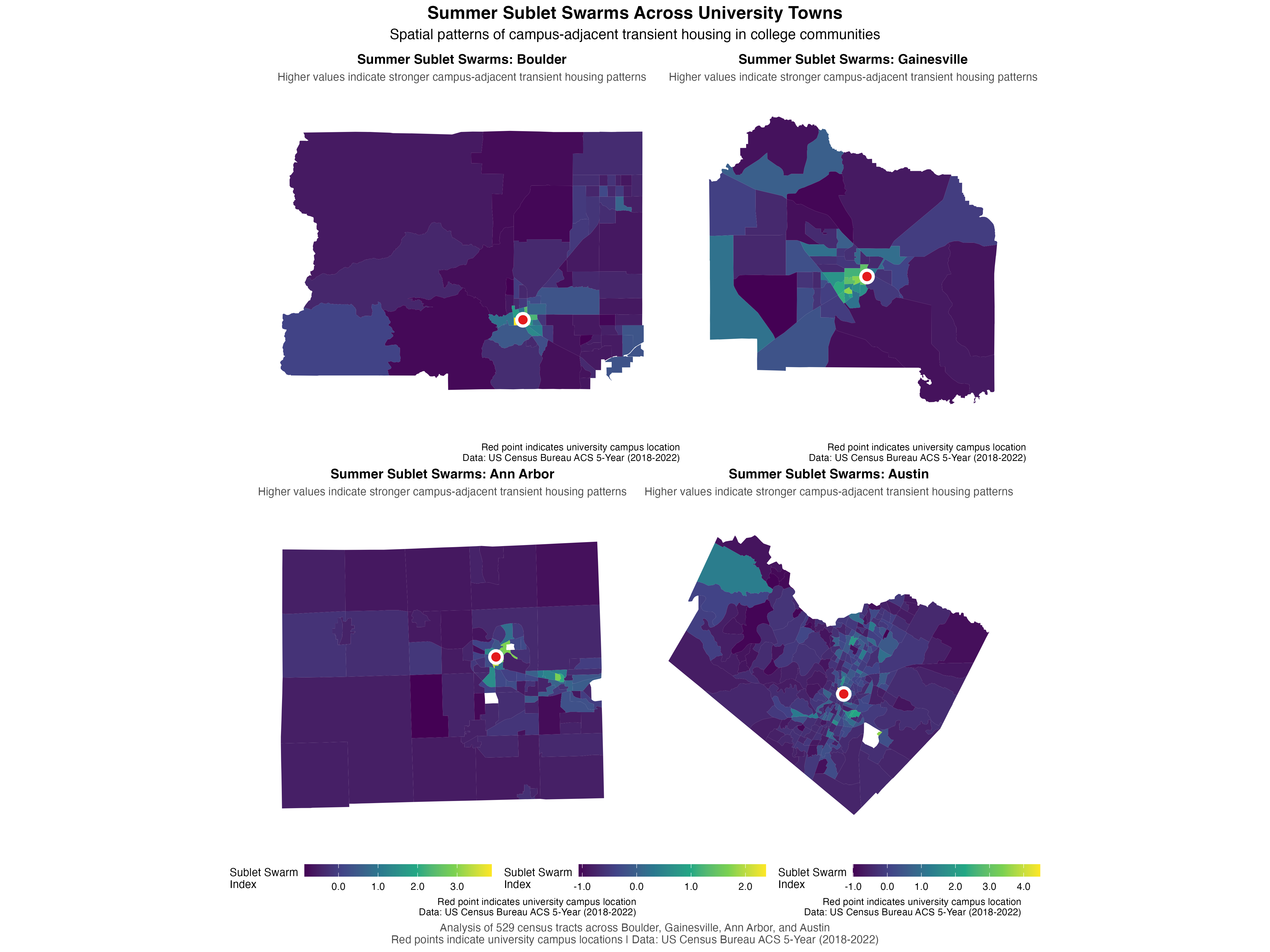 Four university towns, one universal pattern: sublet swarms cluster near campus regardless of local geography