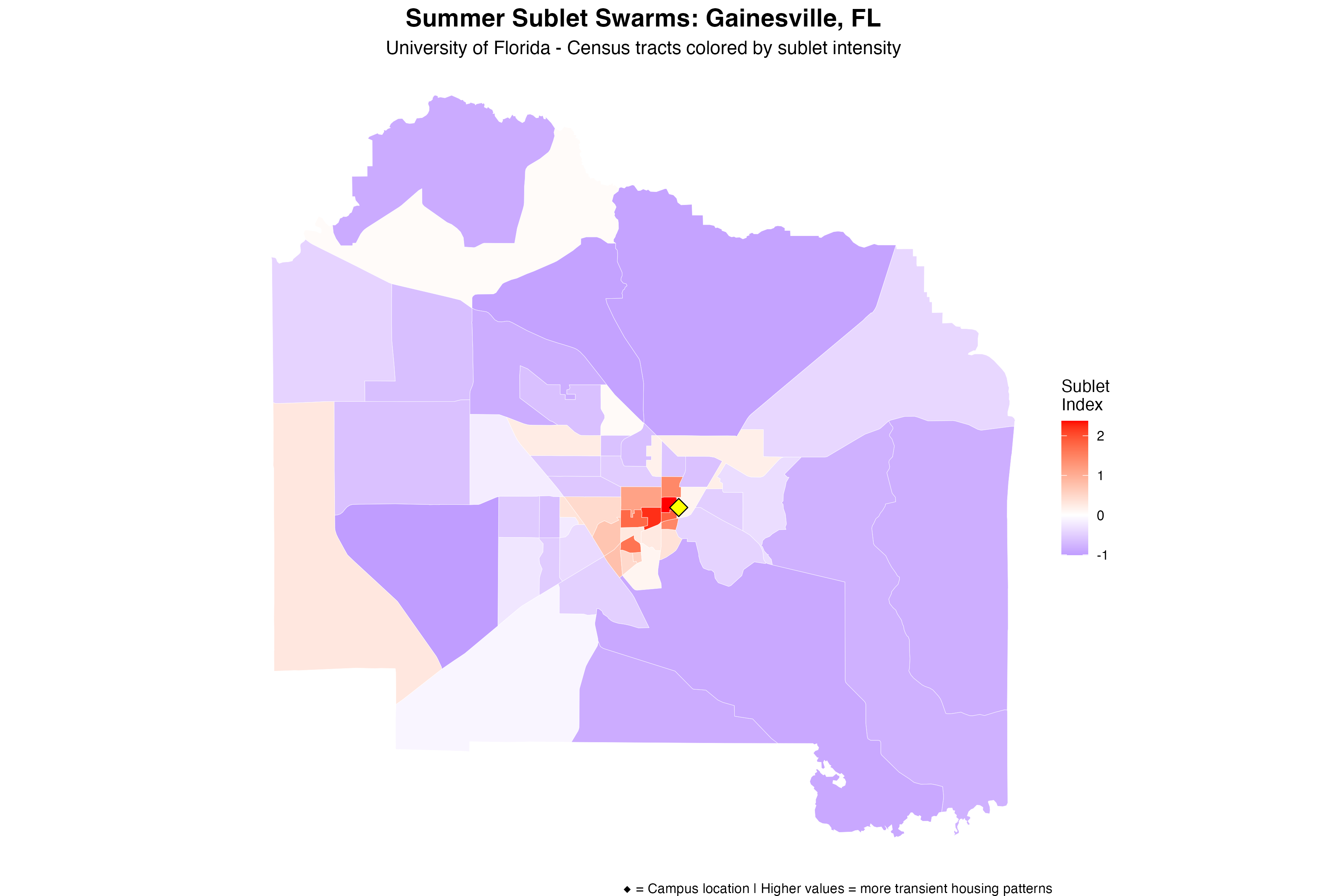 Spatial distribution of sublet swarm patterns shows campus-centered housing markets with distinct geographic signatures
