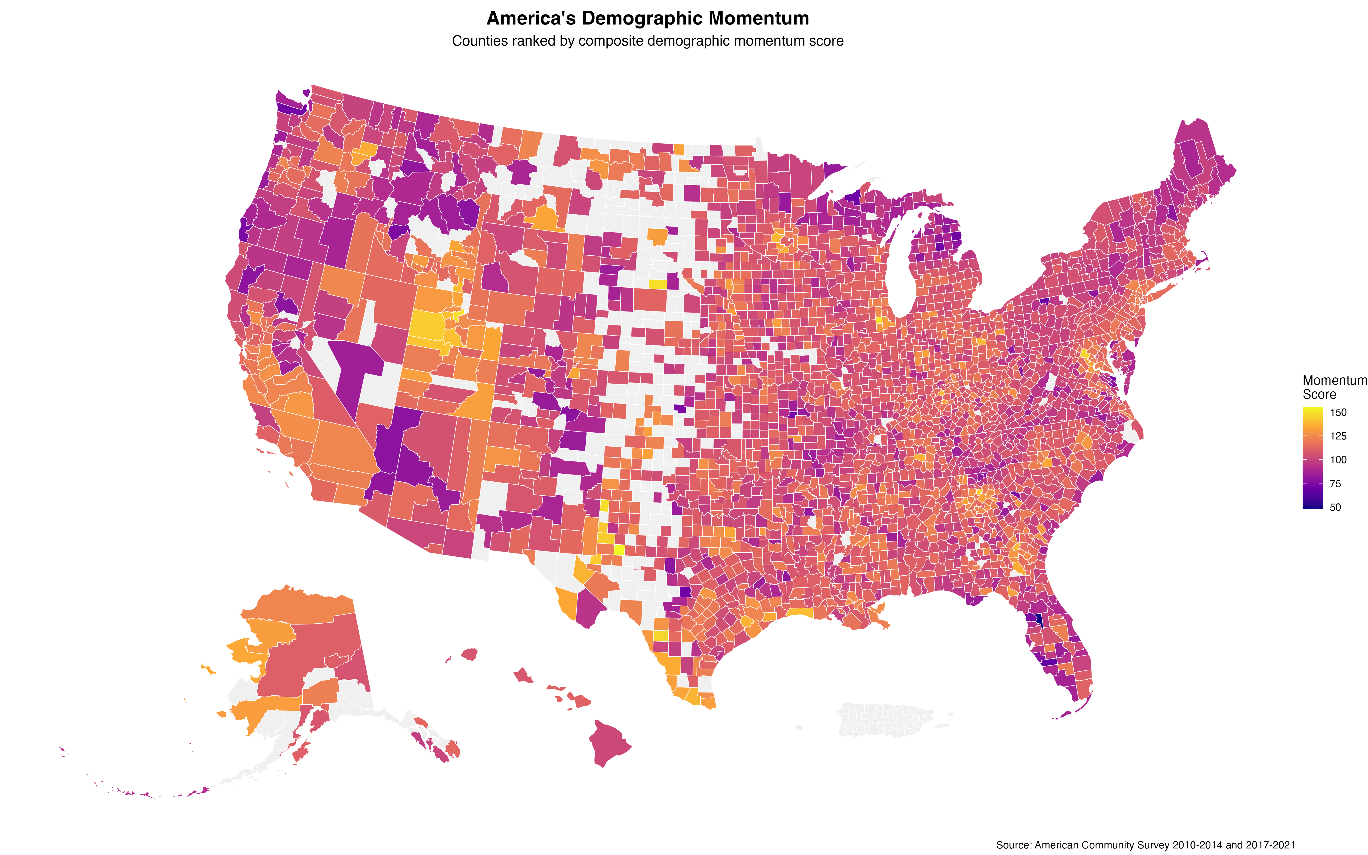 America's demographic momentum reveals clear regional patterns, with high momentum concentrating in the South and West while parts of the Midwest and Northeast show lower momentum scores