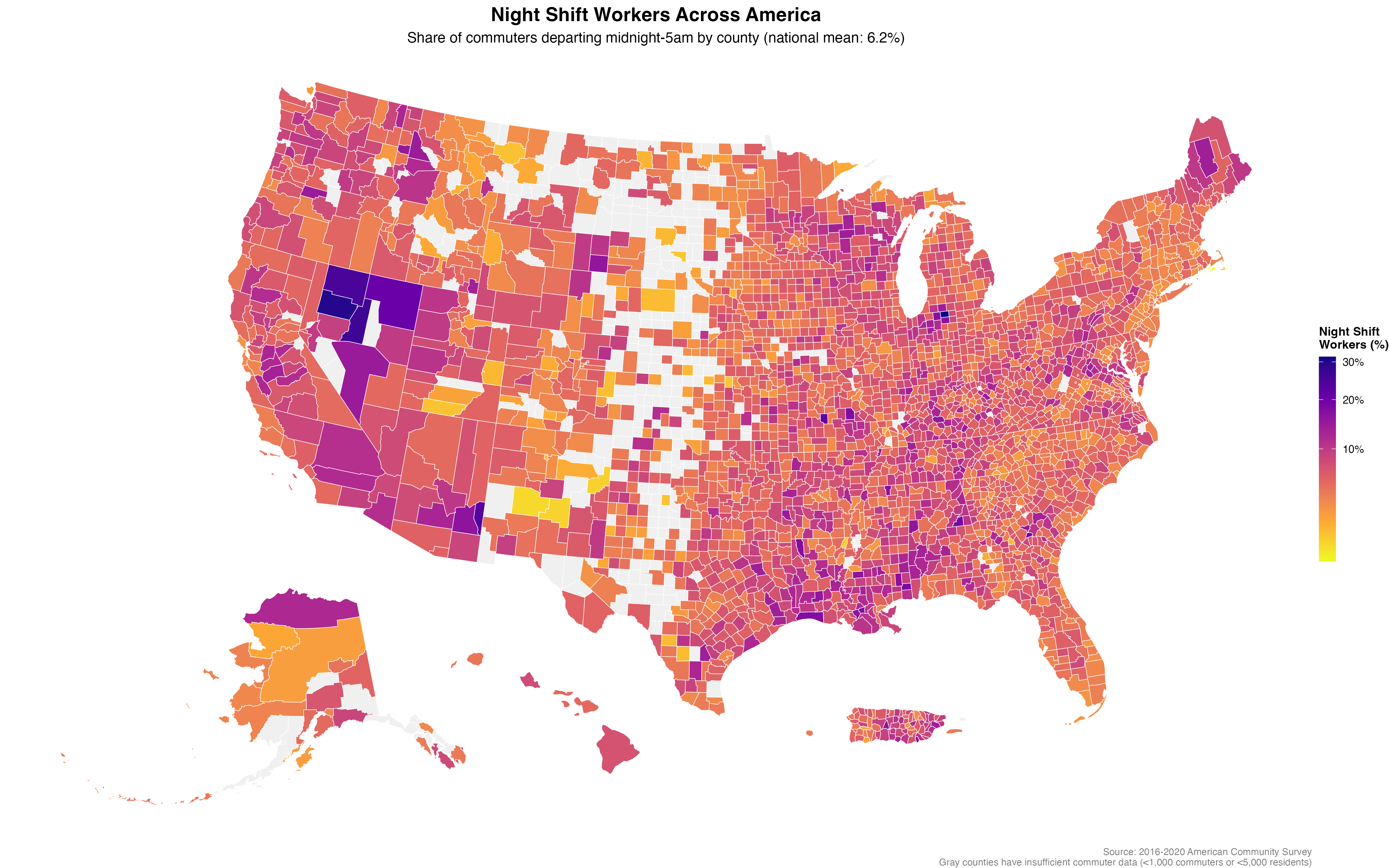 Night shift worker concentrations across America reveal distinct regional patterns tied to mining, manufacturing, and service industries