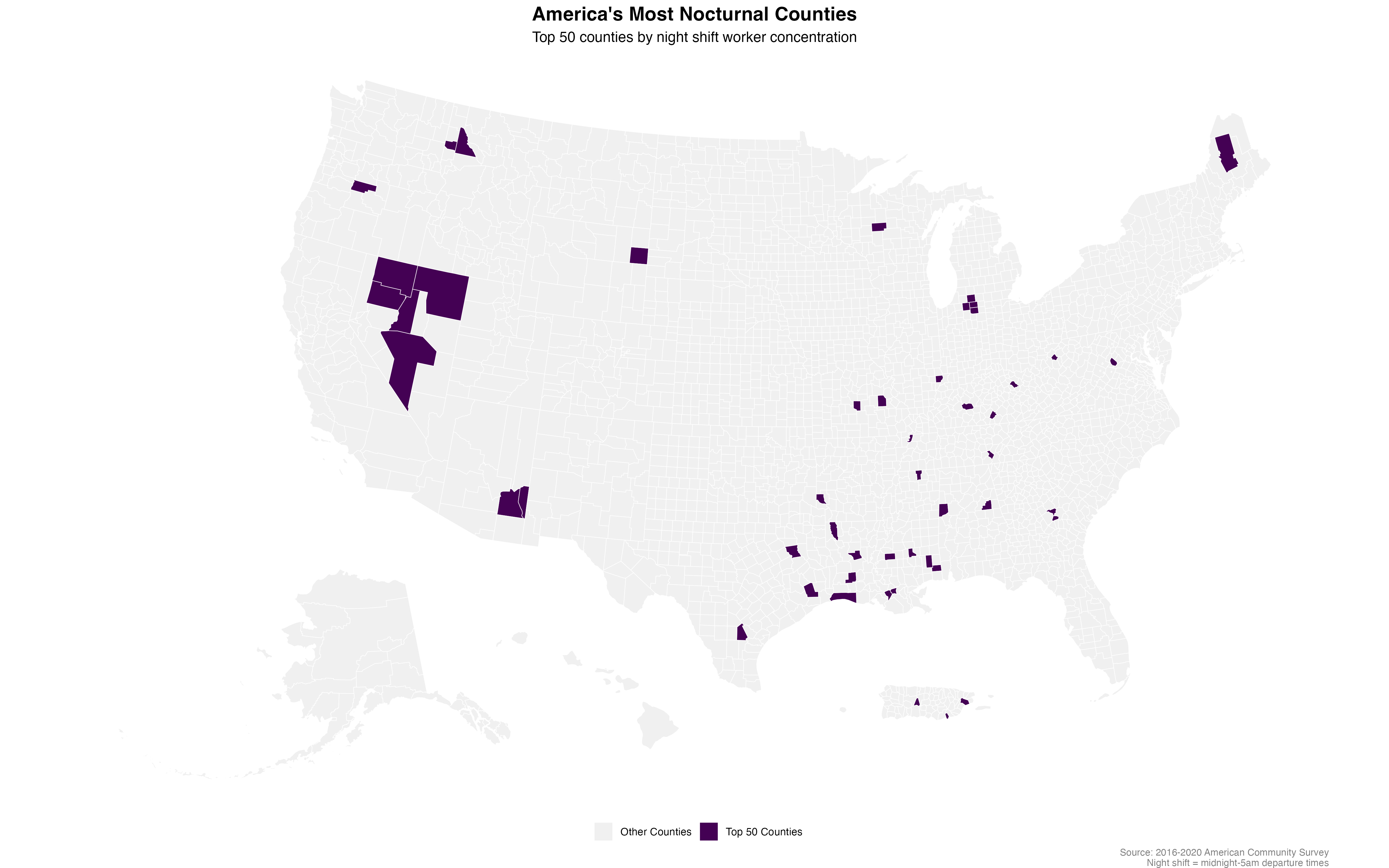 The 50 most nocturnal counties in America cluster in Nevada's mining region, the industrial Midwest, and specialized service economies